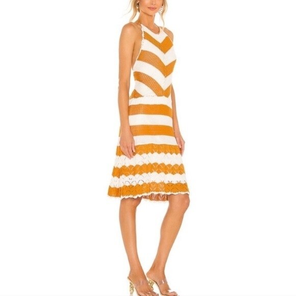 BCBG Sweater Halter Dress in Ivory & Caramel Spice Crochet Knit Stripe Lined - Picture 1 of 16